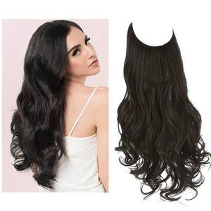 Black Brown Halo Hair Extension Natural Wavy Curly Synthetic Hairpiece Long